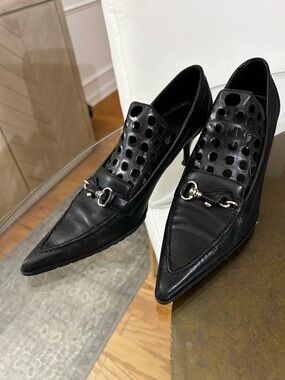 Donald J. Pliner Black Pointed Toe Heeled Loafers with Silver Hardware